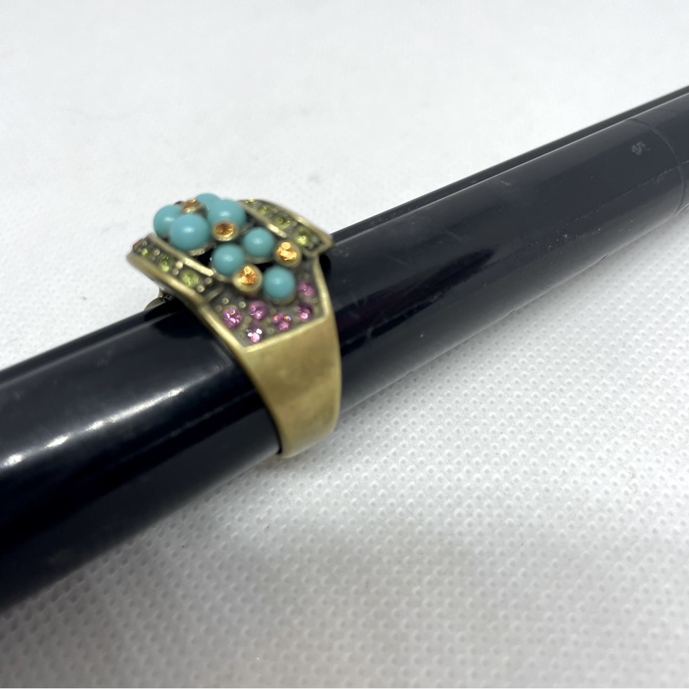 Heidi Daus Signed Turquoise Gold Tone Gold Green Purple Statement Ring, Sz 10 - Picture 6 of 7